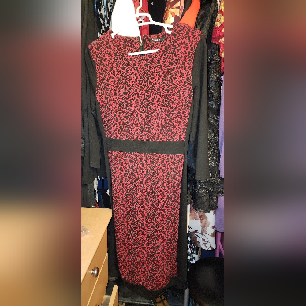 Ouges Elegant Black And Red Floral Knee- Length D… - image 1